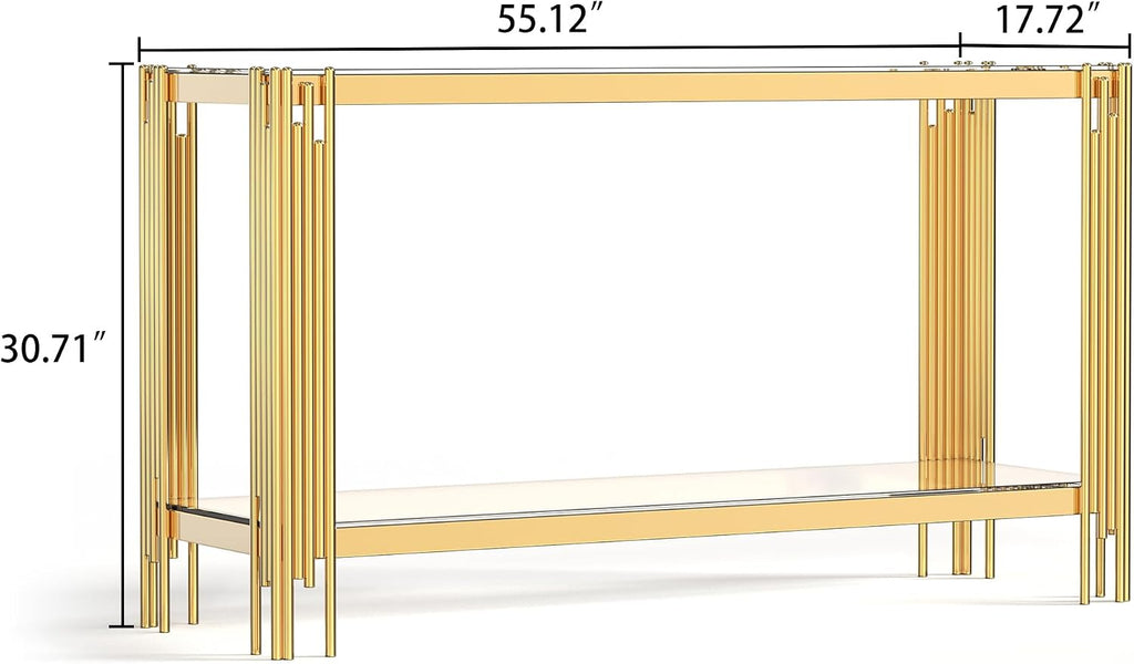 55' Glass Gold Console Table Luxury 2-Tier Sofa Table for Living Room, Rectangular Modern Entryway Hall Table with Clear Glass Top & Golden Stainless Steel Legs