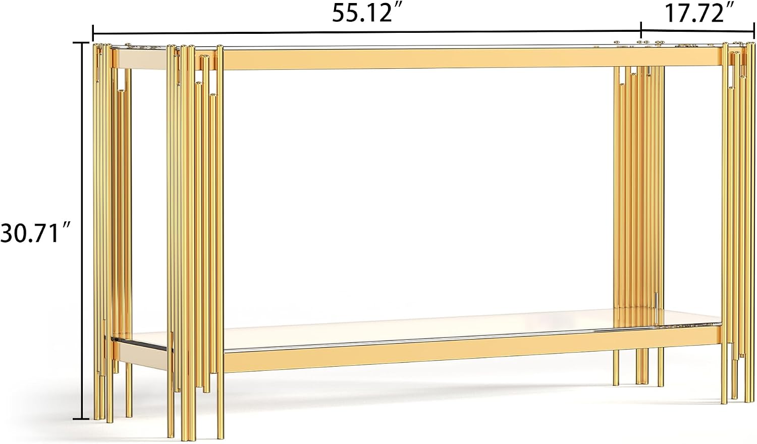 55' Glass Gold Console Table Luxury 2-Tier Sofa Table for Living Room, Rectangular Modern Entryway Hall Table with Clear Glass Top & Golden Stainless Steel Legs