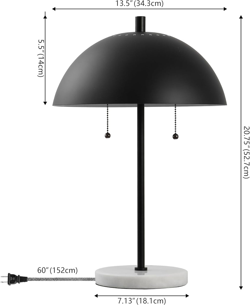 JONATHAN Y 20.7' Black/White Marble 2-Light LED Table Lamp for Modern Bedside Decor, Glam Desk Lamp, Gold Metal Dome Shade, Pull Chain Switch, Bulbs Included (JYL1071B)