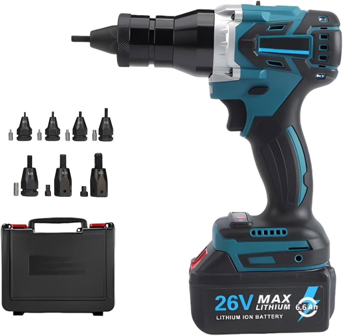 Rivet Nut Tool Kit Battery Powered Rivet Nut Tool Kit, Cordless Brushless Automatic Riveting Rivet Gun with 26v 6600mah Battery, Insert Tool for M3–m12 Nuts(6.6Ah)