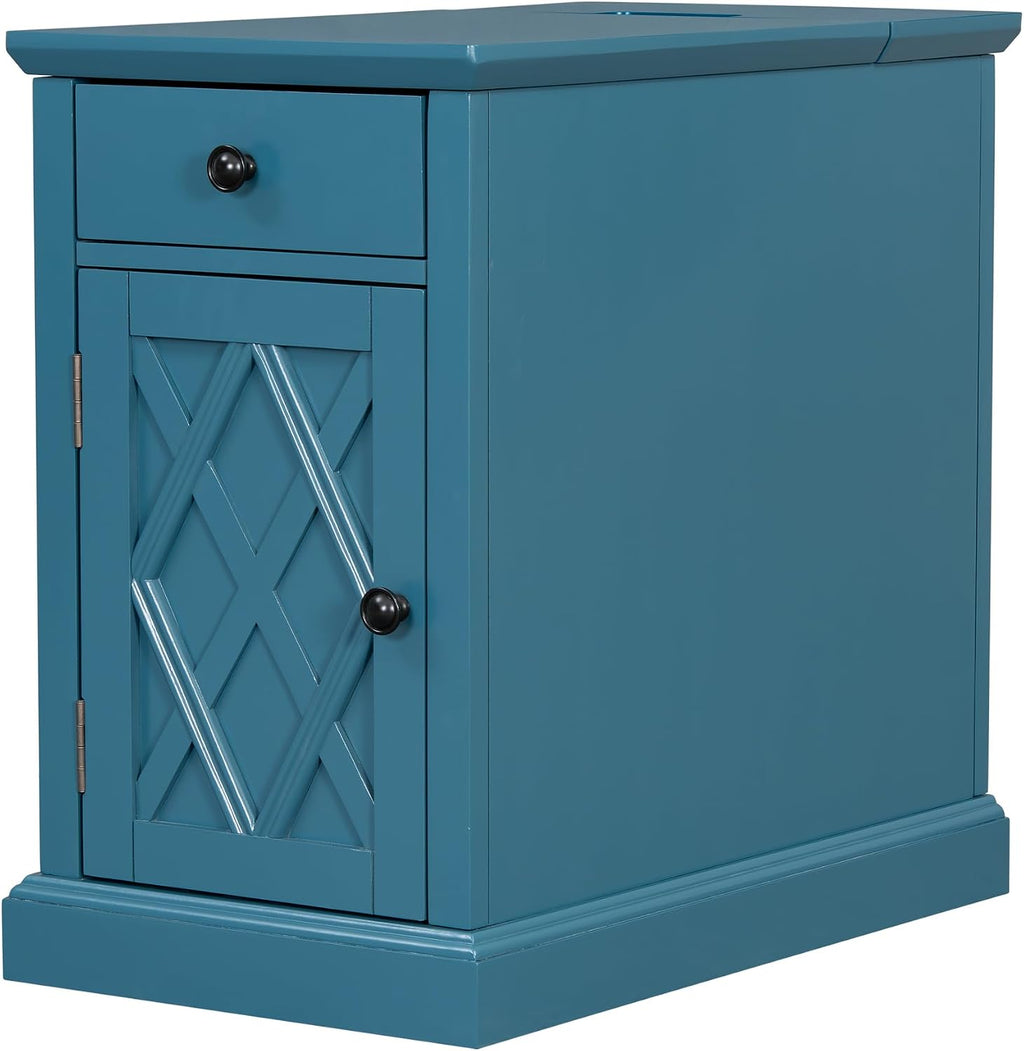 Multifunctional Classic Vintage End Table with USB Ports and 1 Drawer with Cup Holders, Sofa Side Narrow Table with Storage, Bedside Nightstand for Living Room Bedroom (Navy Blue-4.3)