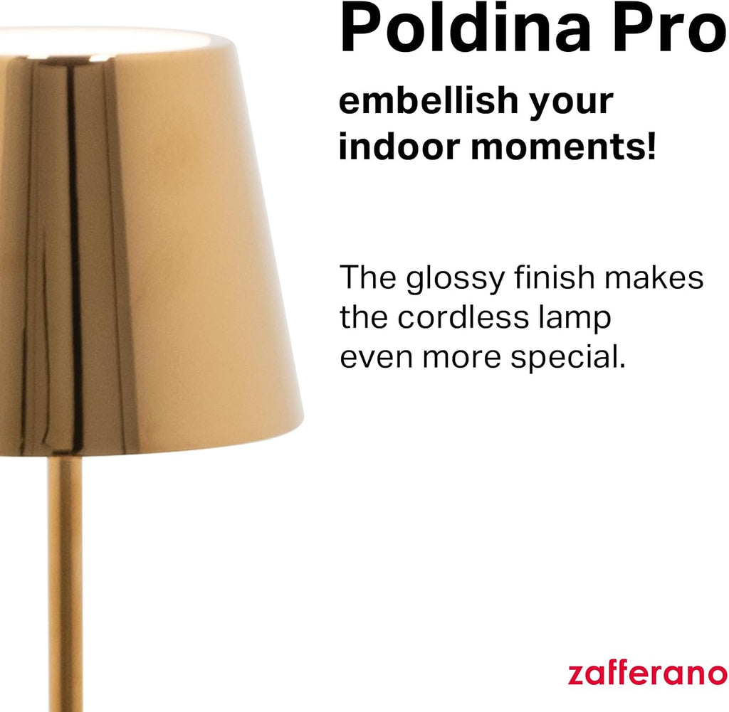 Zafferano, Poldina Pro Lamp with with Glossy Gold Finish, Rechargeable Cordless Table Lamp with Touch Controls, Usable as an Indoor Lamp, Dimmer, 2200-3000 K, Height 14.9 Inches