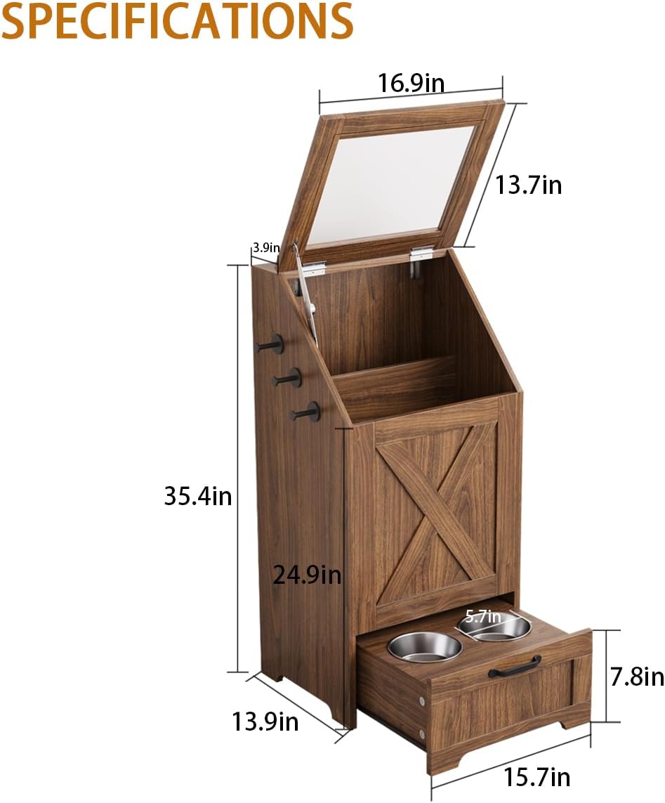 Dog Feeding Station with Storage,Wooden Pet Food Storage Cabinet,Equipped with 2 High Footed Bowls and 3 Hooks,Top Glass Flip Cover,Anti Tipping Device (Dog Feeding Station-Walnut)