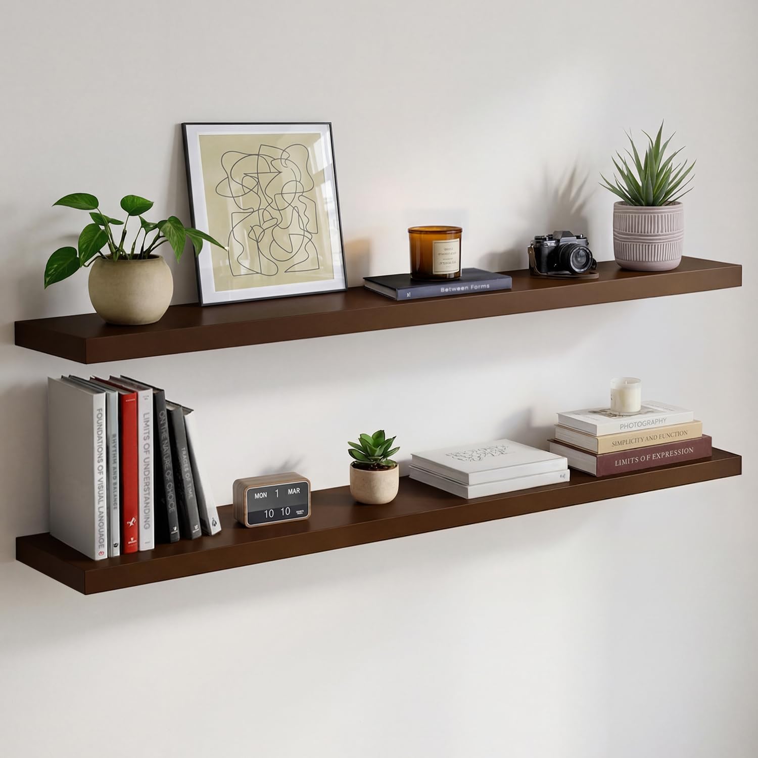 Homeforia 48 inch Walnut Floating Shelf, High End Solid Real Wood Large 48inch Floating Shelves for Wall, Dark Brown 48 inches Long Floating Shelves, Heavy Duty Bracket, 48 X 6.5 X 1.75 inch, Set of 2