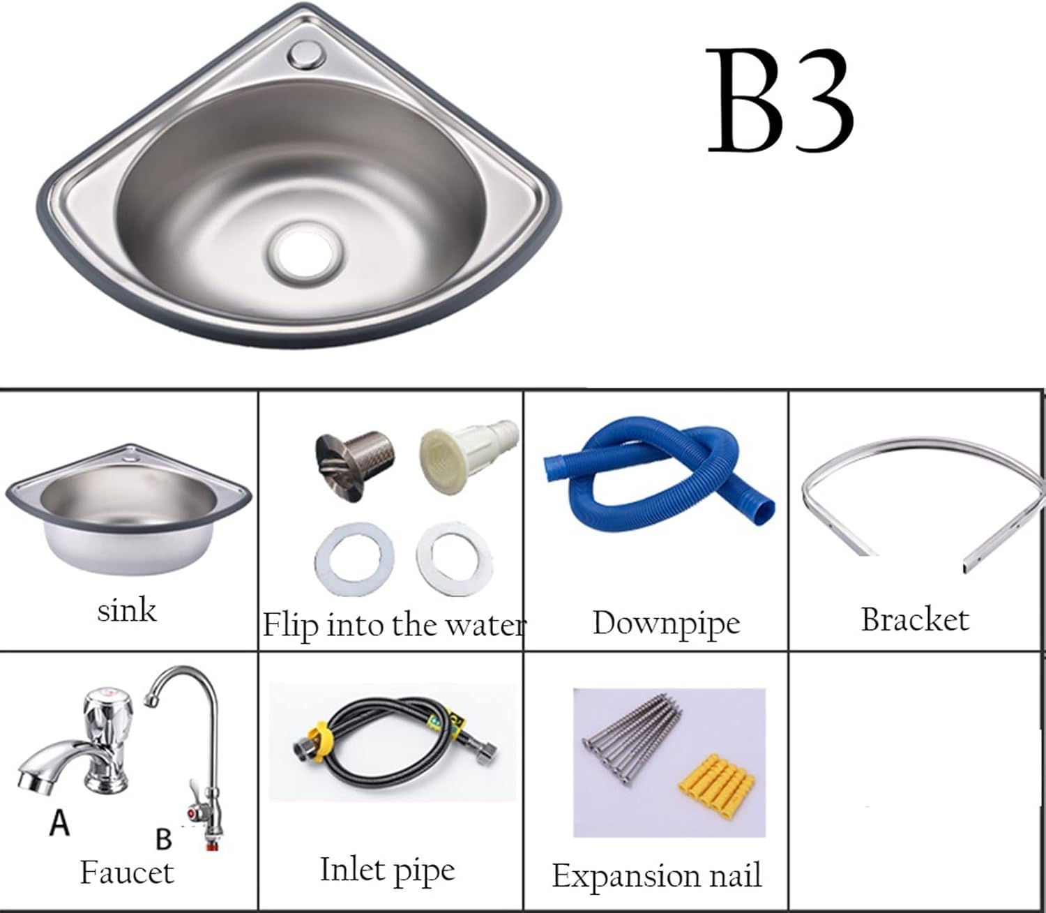 Single Bowl Sink Stainless Steel Triangle Wash Basin, Wall-Mounted Corner Sink Thick Wash Basin for RV, Campervan (Color : Silver, Size : B4(34x34cm)) (Silver B3(34x34cm))