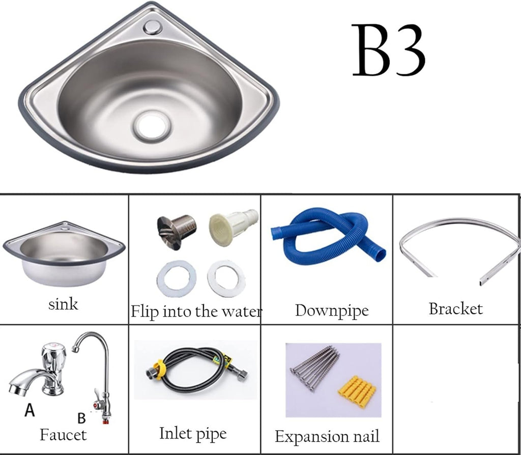 Stainless Steel Wall-Mounted Single Bowl Sink Triangle Wash Basin Thick Small Sink Corner for Kitchen Bathroom Lavatory (Color : Silver, Size : A(34x34cm)) (Silver B3(34x34cm))