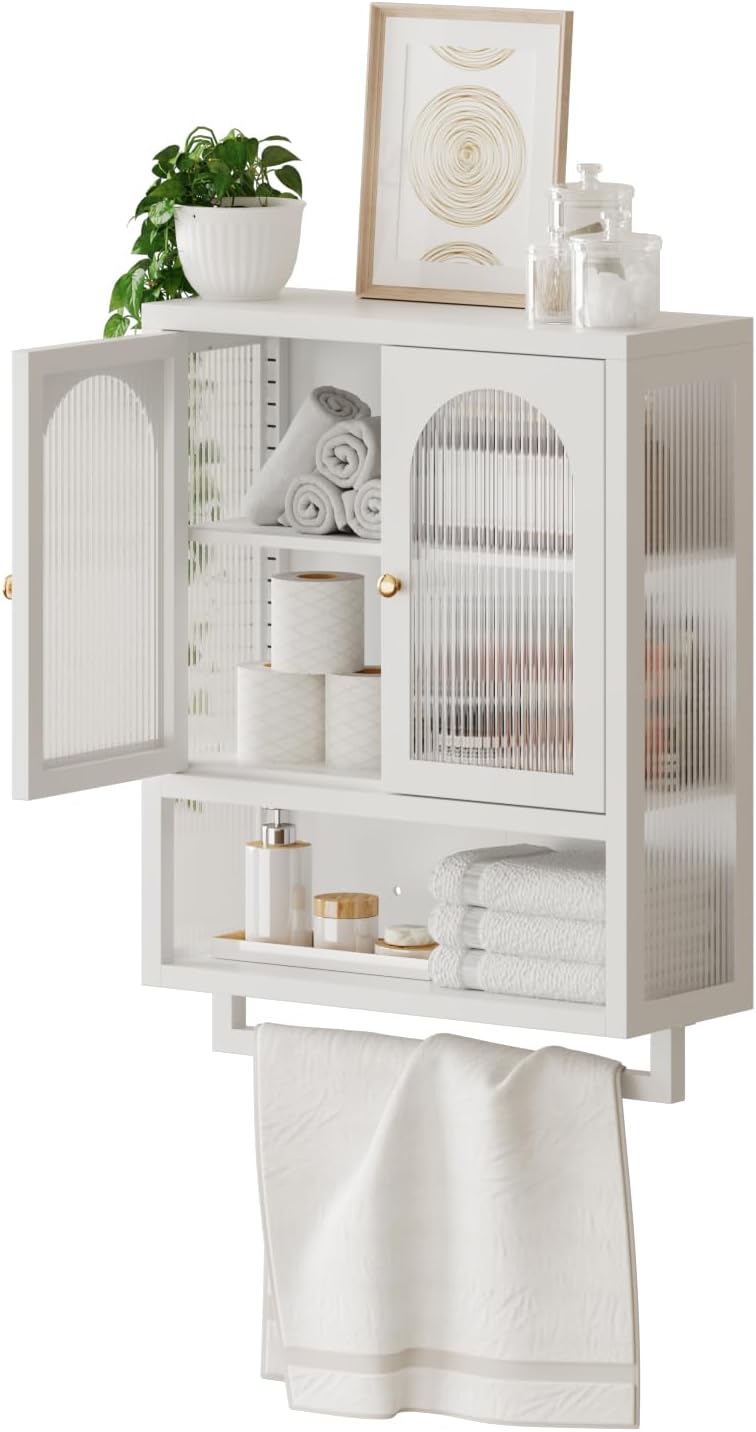 ALBAD Metal Bathroom Wall Cabinet with Fluted Glass Door and Towel Bar Wall-Mounted Medicine Cabinets Above the Toilet for Modern Bathroom, Kitchen, Garage, Laundry Room, White