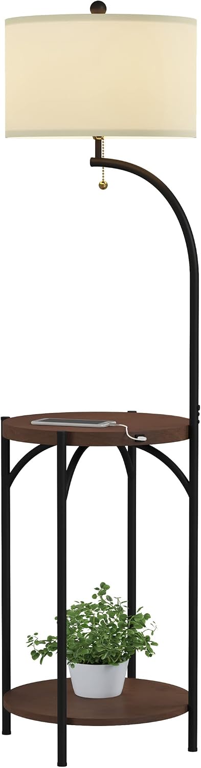 Floor Lamp with End Table - Modern Rustic Side Shelves with USB Charging Port, LED Light Bulb, and Drum-Shaped Shade - Standing Lights by Lavish Home