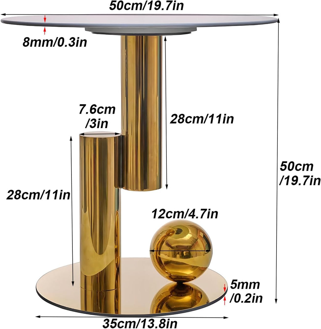 White Gold Round Side Table, 19.7' Faux Marble Sofa End Table, Modern Nightstand, Small Accent Table with Stainless Steel Ball/Cylindrical Frame, for Living Bedroom Office (Gold, 50cm/19.7')