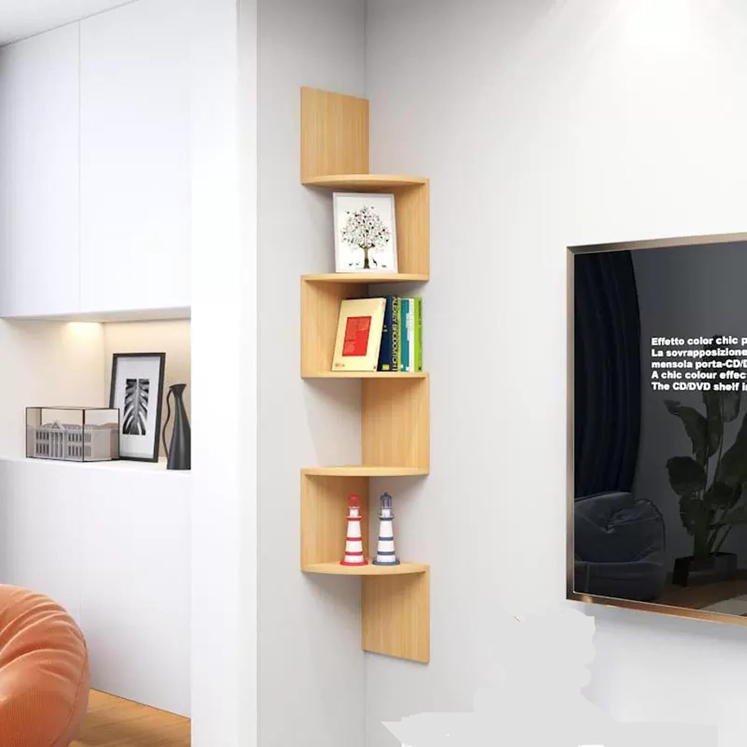 Kitchen Shelves, 5-Tier Corner Shelf, Wall Mounted Floating Bookshelf for Bedrooms, Bathrooms, Kitchens, Offices, Living Rooms, Fit 90-Degree Wall Corners (A 5 Tier)