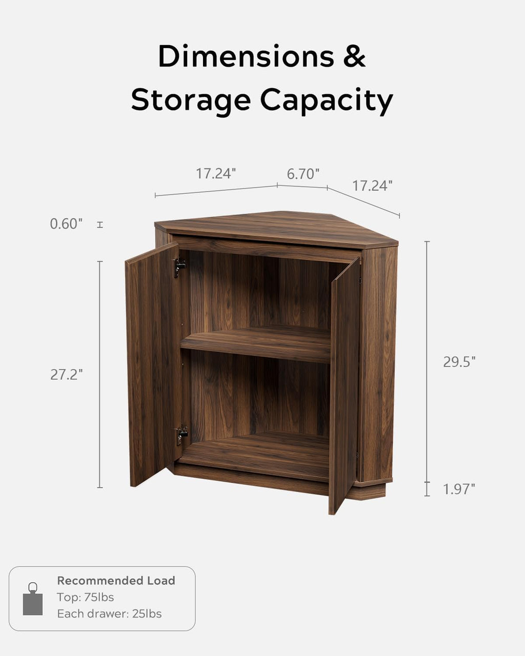 EYYTHUNG Corner Cabinet, Modern Handless Corner Floor Cabinet with 2 Doors and 2-Tier Shelves, Freestanding Narrow Organizer for Living Room Kitchen Bathroom, Brown
