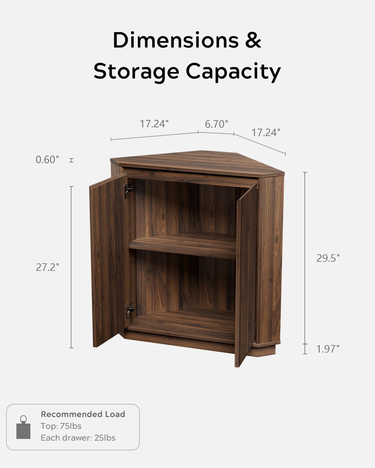 EYYTHUNG Corner Cabinet, Modern Handless Corner Floor Cabinet with 2 Doors and 2-Tier Shelves, Freestanding Narrow Organizer for Living Room Kitchen Bathroom, Brown