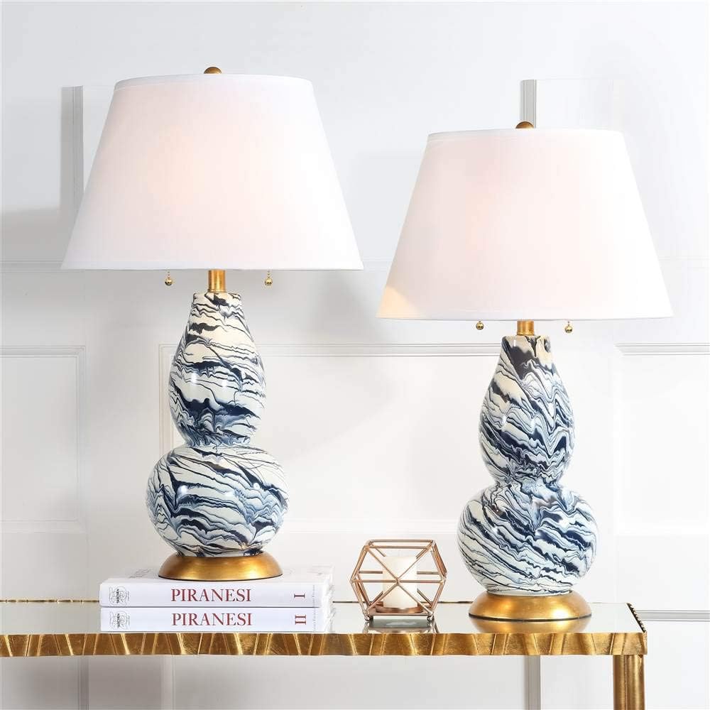 Safavieh Lighting Collection Color Swirls Glass Navy and White Table Lamp, Set of 2