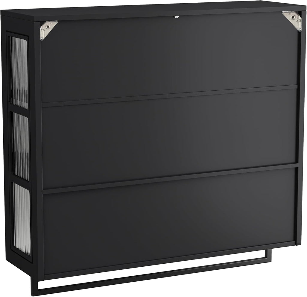 Polibi Wall Cabinet with Fluted Glass, Modern Wall-Mounted Storage with Towel Bar, Removable Shelves, Minimalist Design for Entryway Living Room Bathroom Dining Room, Easy Assembly, Black