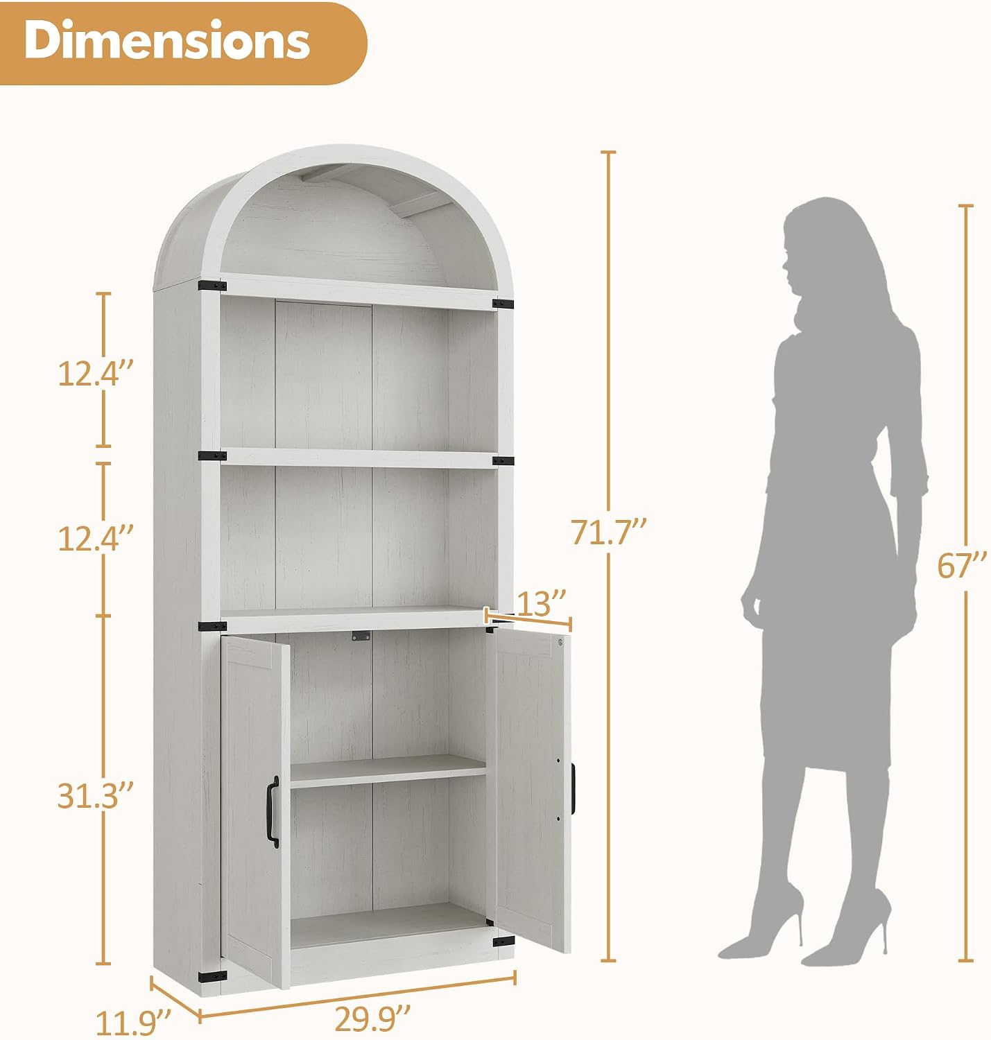 GarveeHome Bookcase with Doors Arched Bookshelf 71.65 in Tall Bookcase Farmhouse Cabinet with Shelves Wooden Bookshelves for Home Office, Living Room
