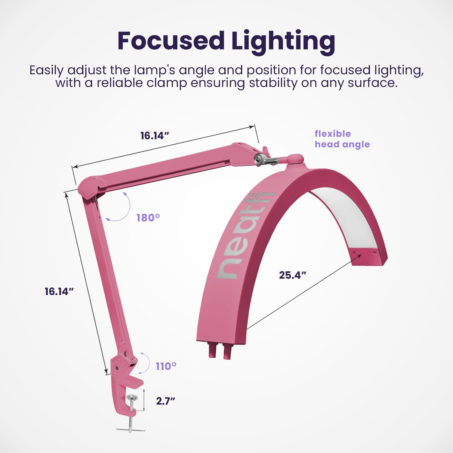 Neatfi Half Moon LED Table Lamp for Estheticians & Nail Techs – 2,500 Lumens | 5 Light Modes | Professional Task Lamp for Facial, Waxing, Threading & Tattoo (Pink, CCT with Clamp)