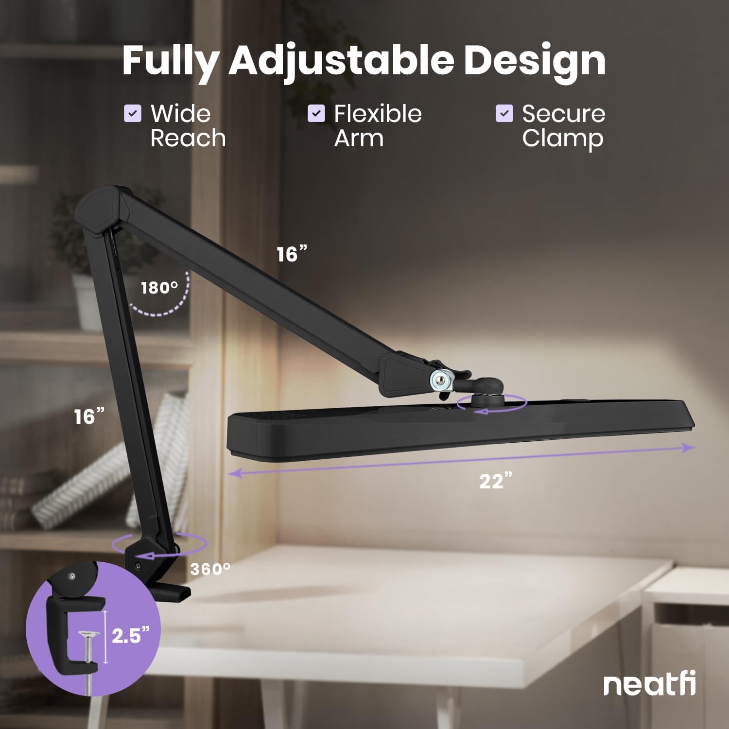 Neatfi XL 2,500 Lumens 30W LED Task Lamp with Clamp | 324 SMD LEDs | CCT | 5 Light Modes | 3000K–6000K | Dimmable | Adjustable Arm with Clamp | Desk Light for Home (Black, 22-Inch Wide Shade)