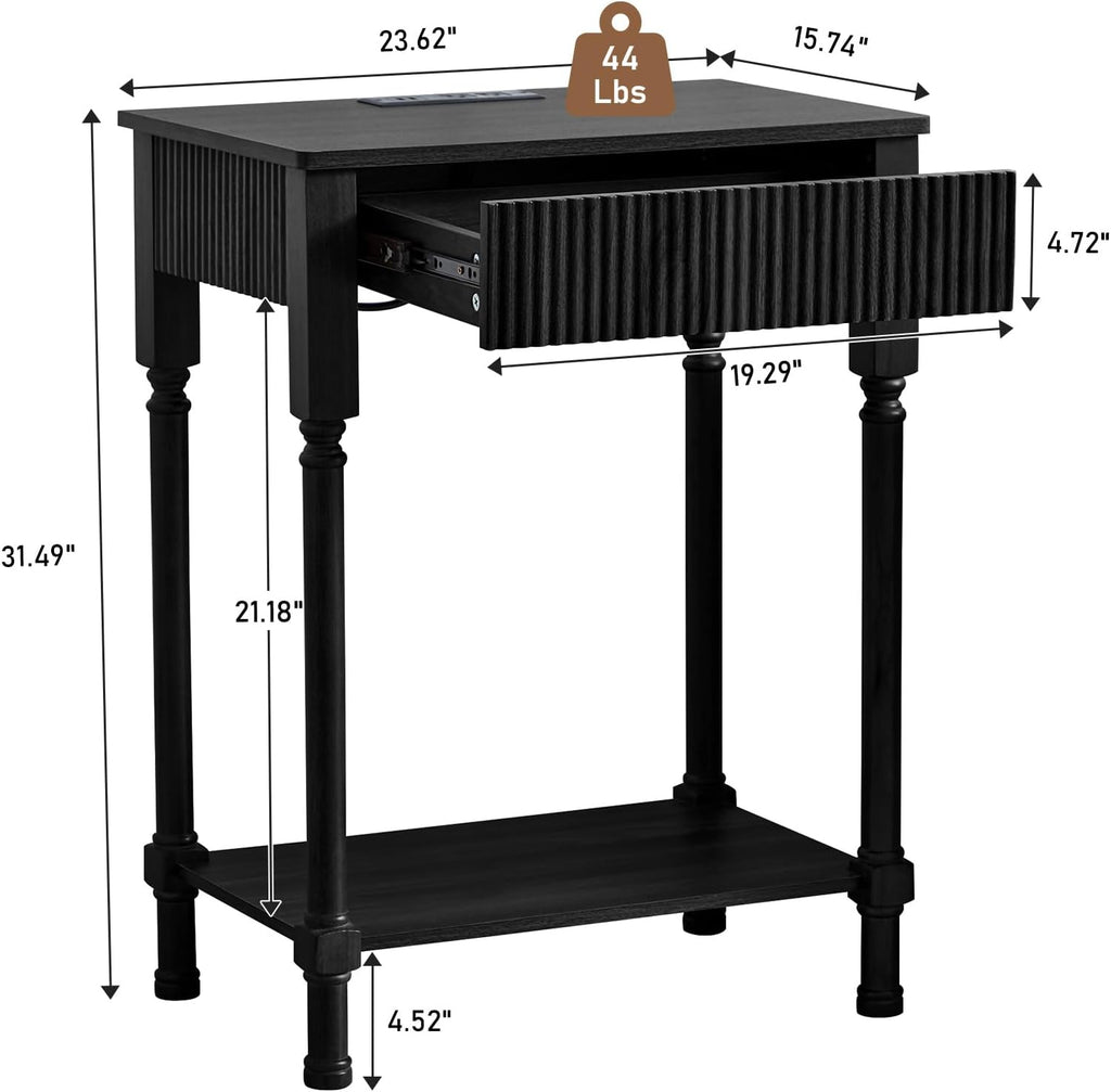 23.6' Large End Table with Charging Station, Set of 2, Modern Farmhouse Side Table with Drawer&Open Shelf, Fluted Wood Bedside Table Sofa Tables Night Stand for Bedroom Living Room Home Office, Black