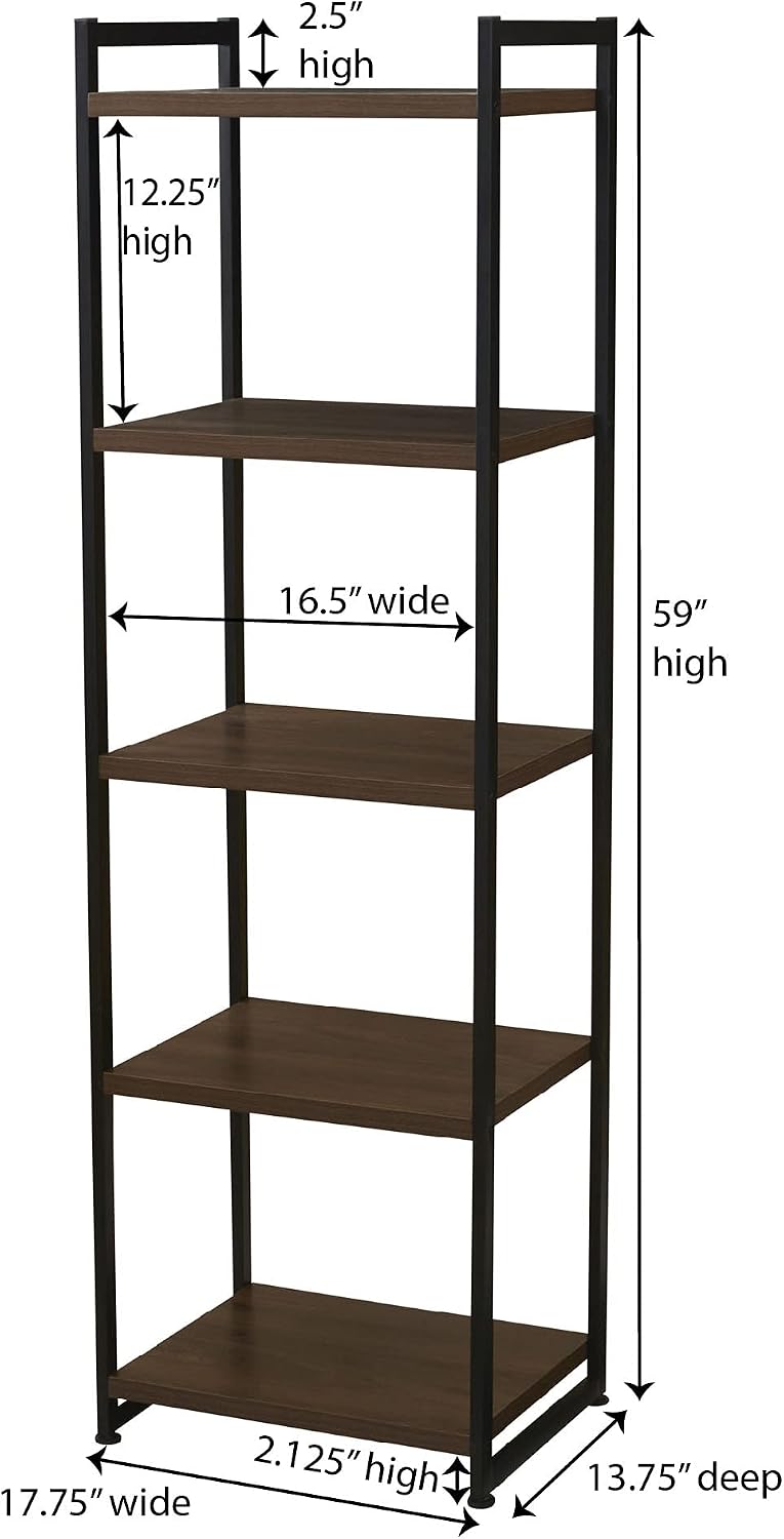 Household Essentials Narrow 5‑Shelf Open Storage Bookshelf, Mid‑Century Walnut Wood Grain with Black Metal Frame
