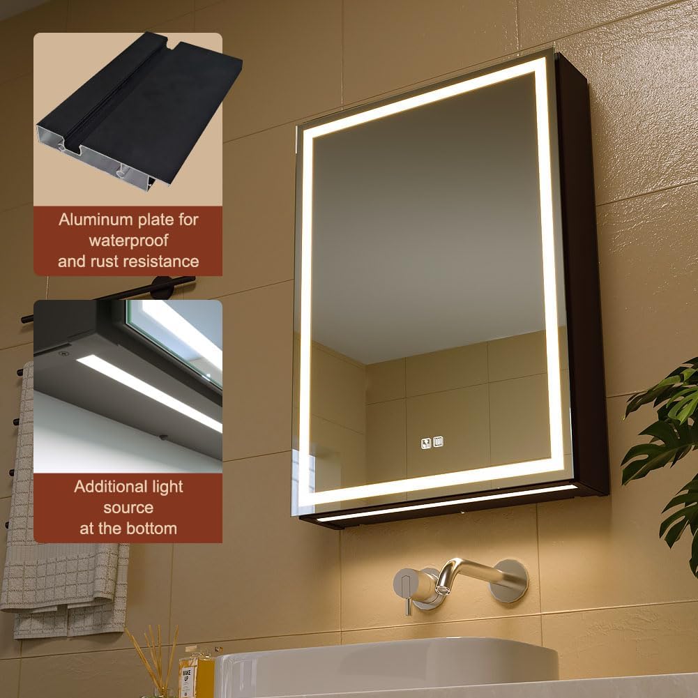 KWW LED Lighted Bathroom Medicine Cabinet with Backlit Panel, Sockets & USBs. Anti-Fog, Dimmable, 3 Color Light Makeup Mirror, Easy to Install, Wall Mounted (Inner Glow-Left hinge-20 * 28)