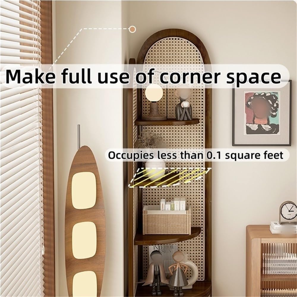 Multi-Functional Corner Shelf, Solid Wood Rattan Triangular Cabinet, 4-Tier Floor Standing Bookshelf for Living Room, Bedroom(Brown)