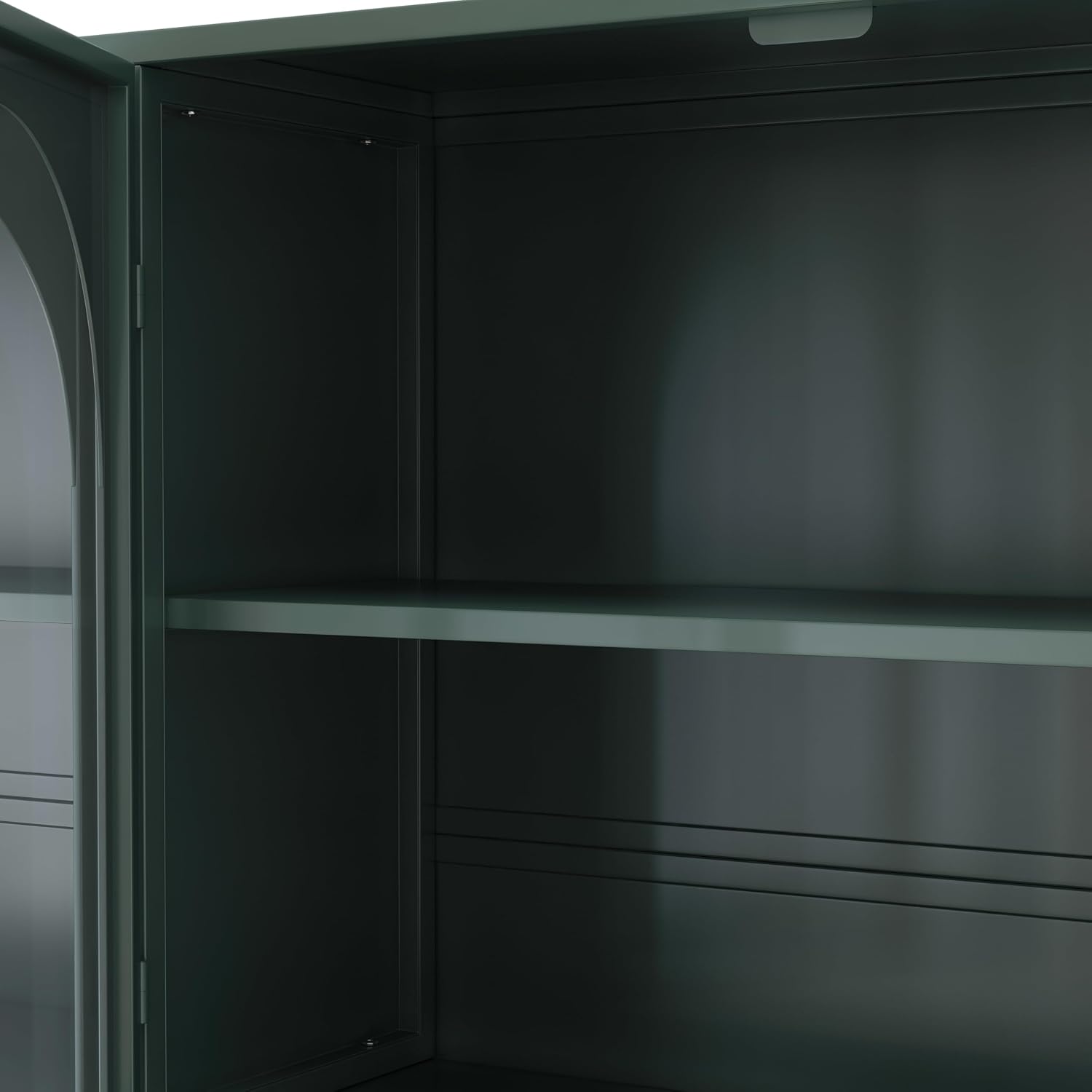 Retro Style Tempering Glass Door Wall Cabinet with Detachable Shelves and Open Shelves，for Office Dining Room,Living Room, Kitchen and Bathroom Dark Green