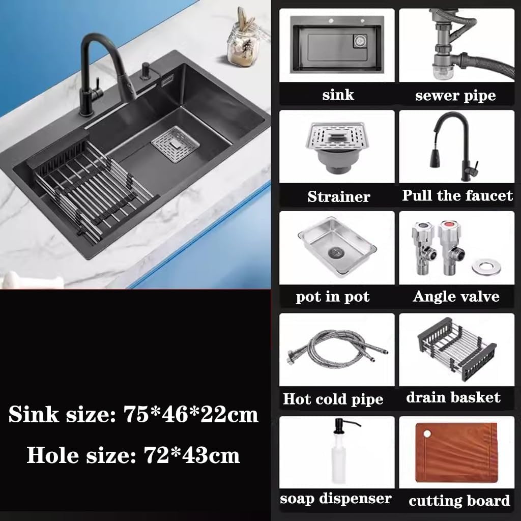Single Bowl Stainless Steel Overmount Sink Large Size Single Bowl Sink Kitchen Multifunctional Vegetable Sink Embedded Siphon Sink (75 * 46 * 22Cm
