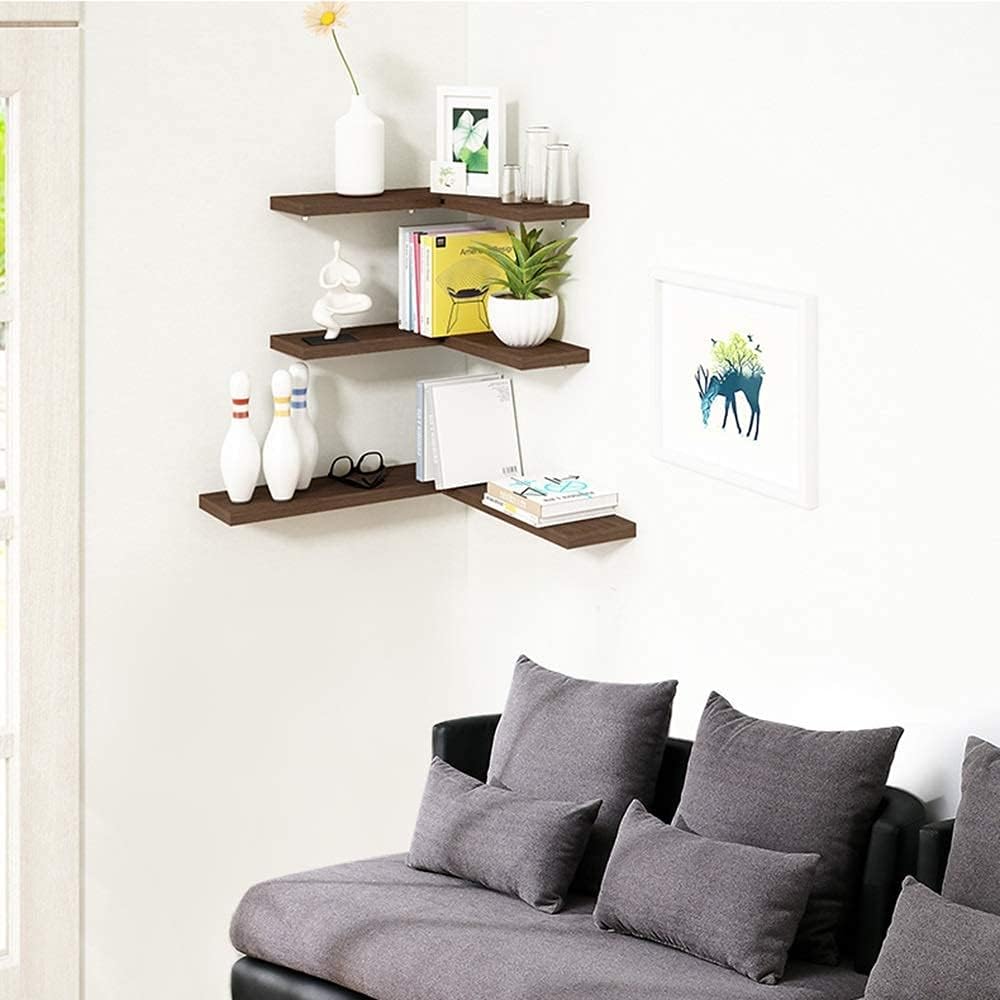 Floating Corner Shelves Wall Mounted Display Rack for Kitchen Bedroom Living Room Office Functional/Black Walnut/45Cm
