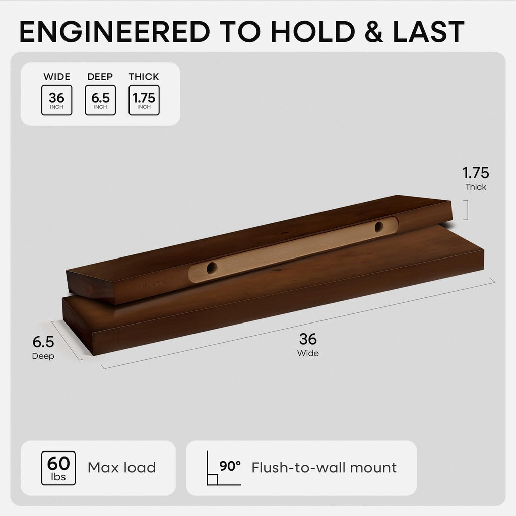 Homeforia Walnut 36 inch Floating Shelf, High End Solid Real Wood 36inch Large Shelves for Bathroom Wall, Dark Brown 36 inches Long Floating Shelves, Heavy Duty Bracket, 36 X 6.5 X 1.75 inch, Set of 2