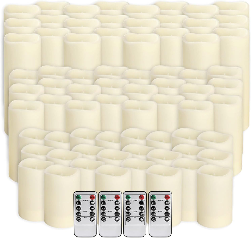 144-Pack LED Flameless Flickering Candles with Remote Control and 2/4/6/8 H Timer Led Pillar Candles of Wedding, Table, Halloween,Christmas Decorations and Special Occasions (Three Sizes)