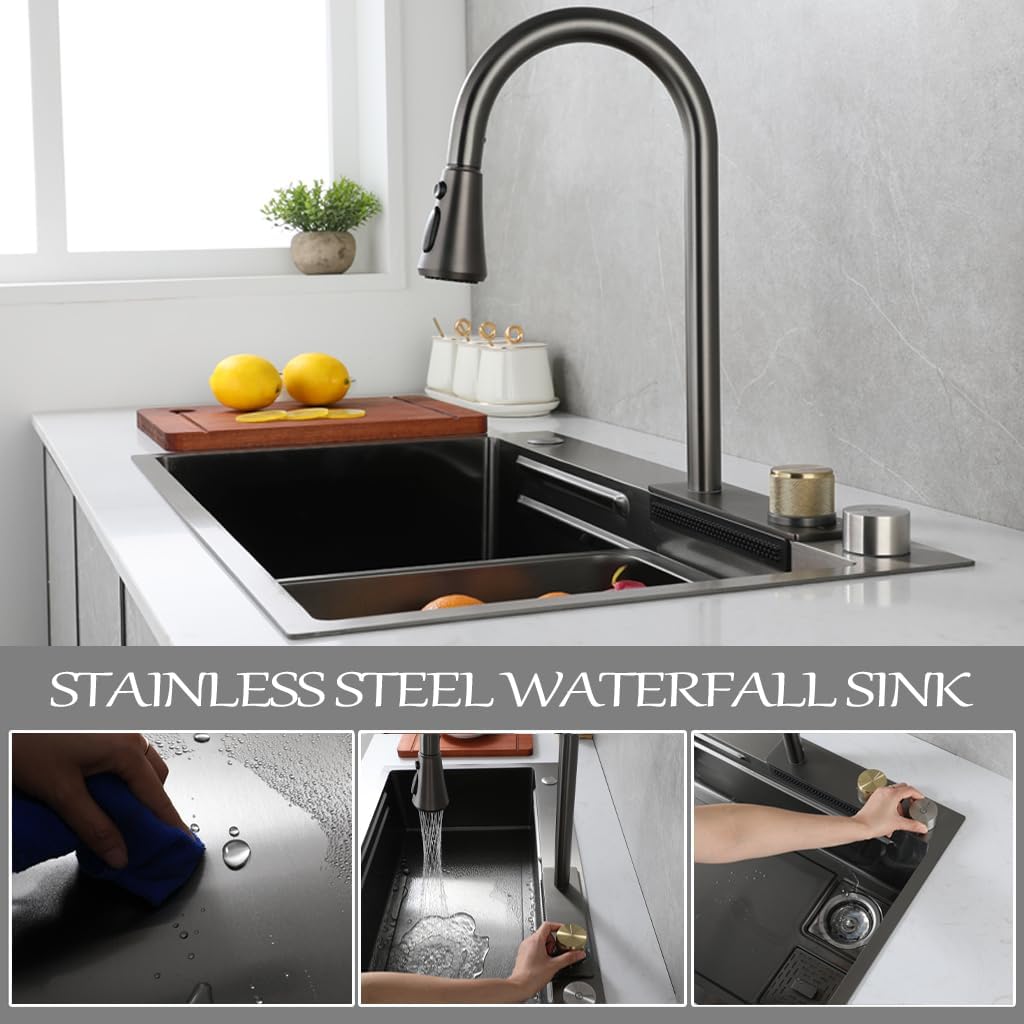 Stainless Steel Waterfall Kitchen Sink with 3-in-1 Faucet Multifunctional Single Bowl Sink with Drainage Basin, Drainage Basket, Cutting Board, Cup Washer, (Black Grey-68x45x22cm