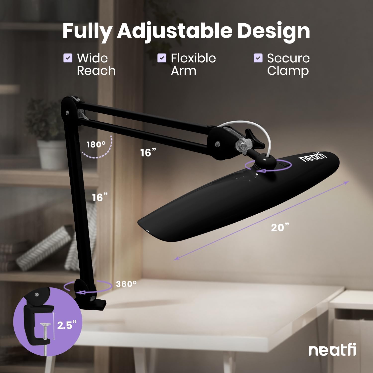 Neatfi XL 2200 Lumens 24W LED Desk Lamp – Shadow-Free Task Lighting | 4-Level Dimming | Home Office & Crafts Use | 20-Inch Wide Head (Black, Non-CCT with Clamp)