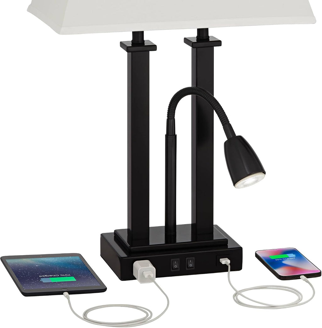 Possini Euro Design Deacon 26' High Modern Gooseneck Desk Lamp with USB Charging Ports A+C and AC Outlet LED Black Metal Oatmeal Linen Fabric Shade for Living Room Bedroom House Bedside Nightstand