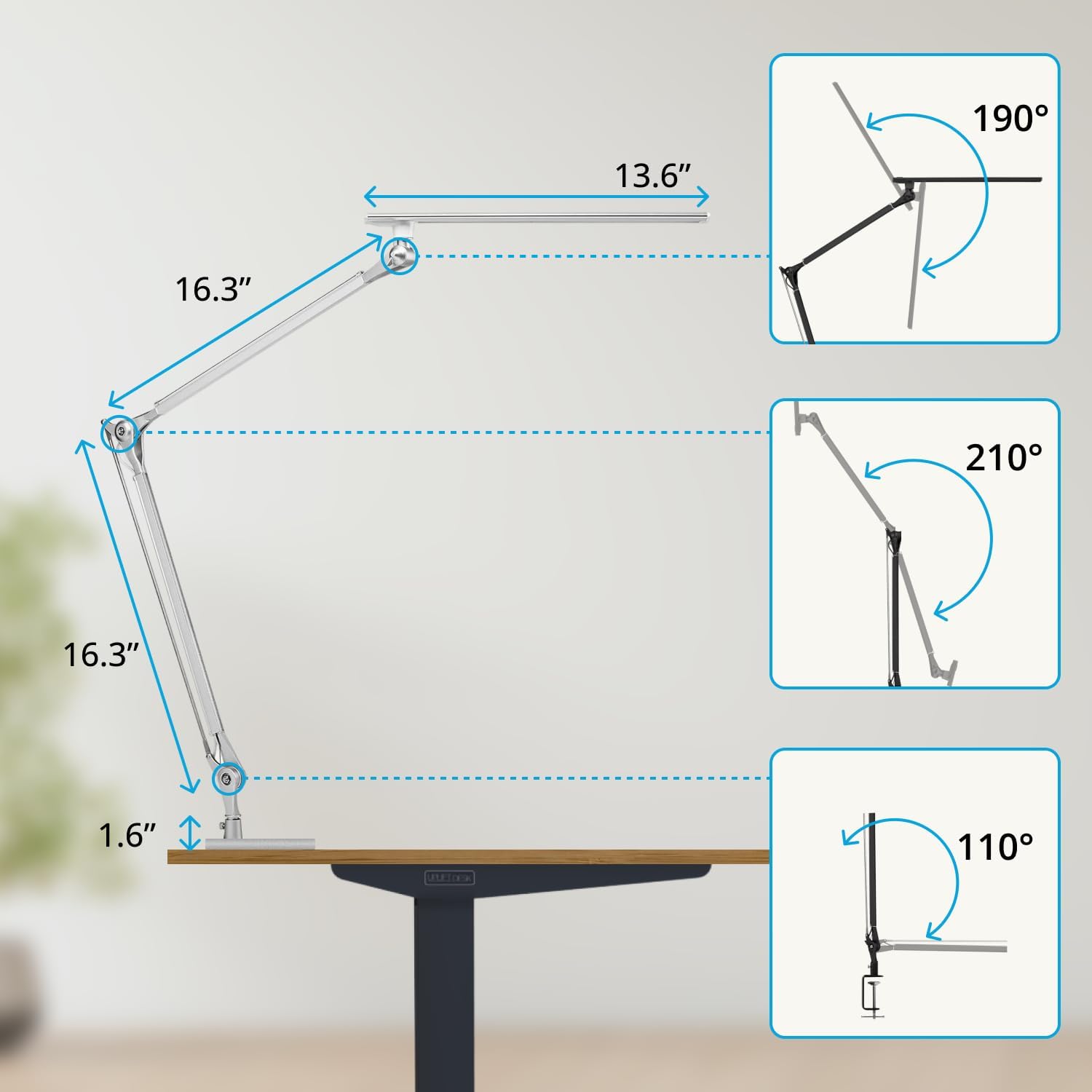 UPLIFT DESK E7 LED Desk Lamp – Adjustable 3 Color Modes, Dimmable Home Office Desk Light for Standing Desk, Dual Monitors, Aluminum Task Lamp (Silver Lamp, Silver Base)