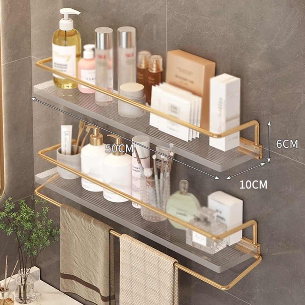 Gold Bathroom Shelf Corner Shower Caddy Wall Mounted Acrylic Floating Shelves with Towel Storage Rack Transparent Cosmetic Skin Product nizer for Dressing Table and Kitchen 2 Layers 50cm