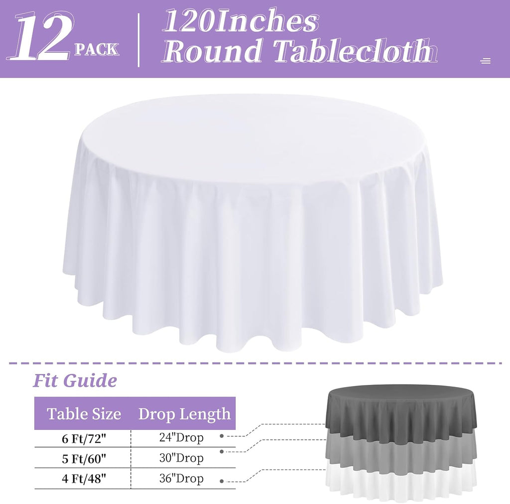 12 Pack White Round Tablecloth 120 Inch - Polyester Table Cloth for Round Tables, Premium Circle Tablecloth Linens Washable Fabric Bulk Table Cover for Wedding Party Banquet Restaurant Reception