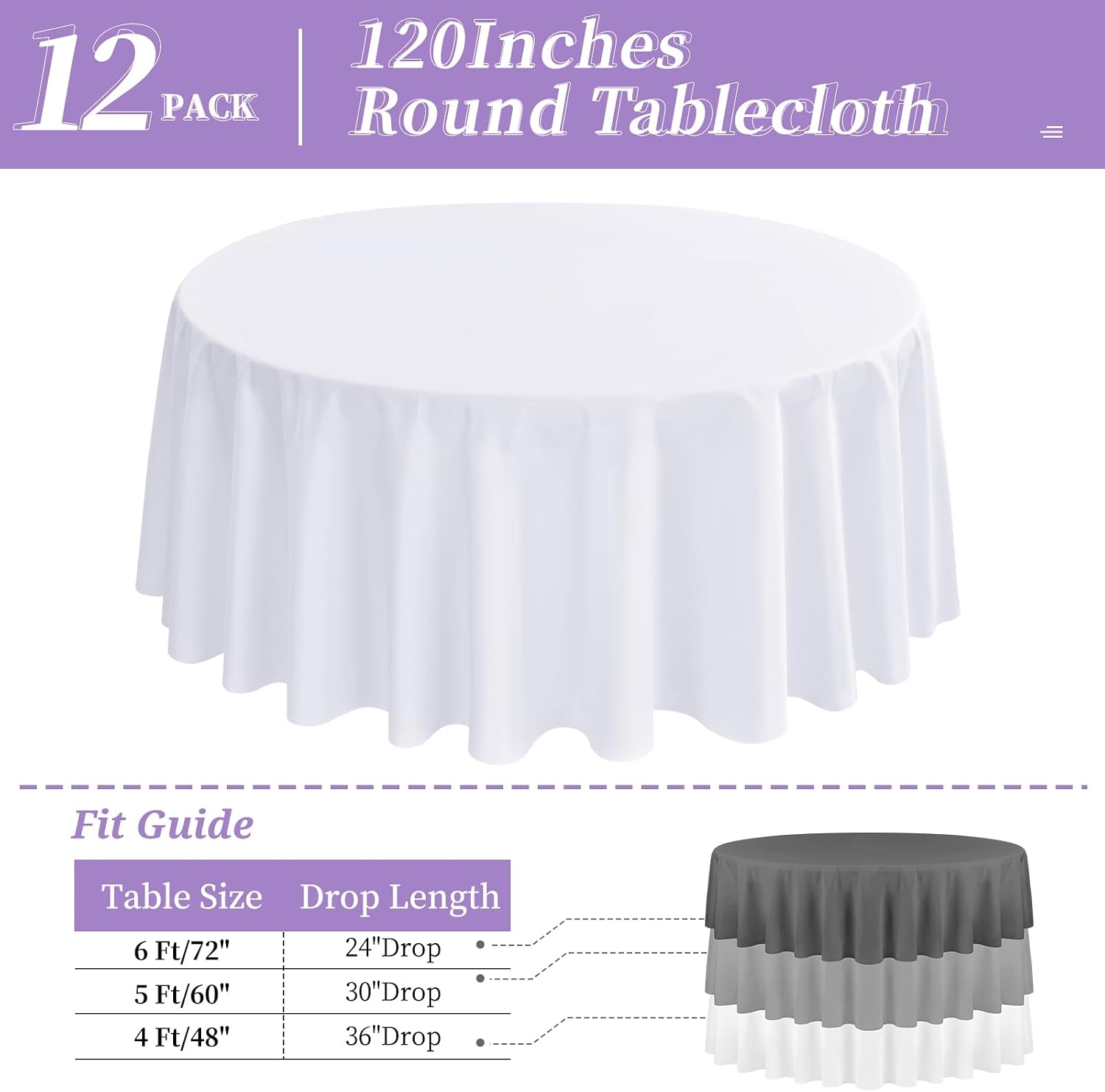 12 Pack White Round Tablecloth 120 Inch - Polyester Table Cloth for Round Tables, Premium Circle Tablecloth Linens Washable Fabric Bulk Table Cover for Wedding Party Banquet Restaurant Reception