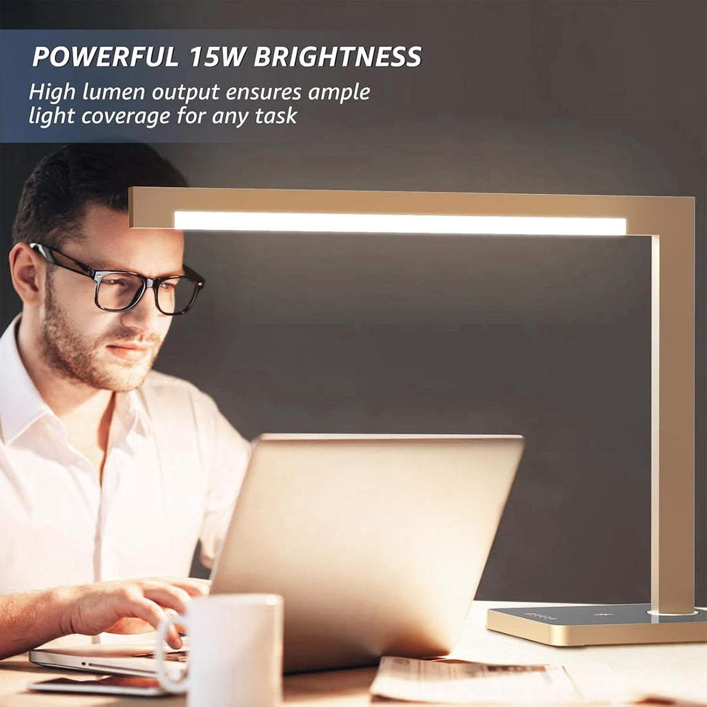 2 Pack Aluminum LED Desk Lamp with Charging Station, Large 15W Table Lamp with Type-C Ports & 4 CCT Modes(3000K-6000K), Dimmable Desk Light for Home Office,Bedroom (Includes Adapter)