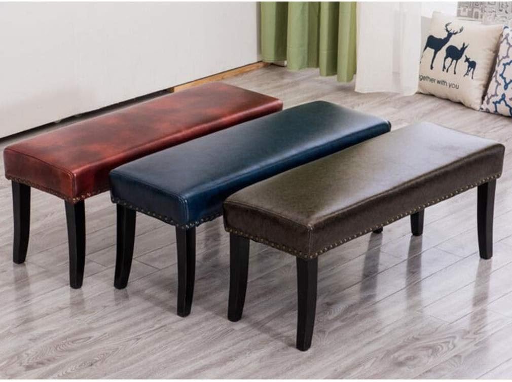 Footstool, Rectangular Sofa Stool Bench Faux Vintage Copper Rivets Leather Bedroom Bed End Stool,Solid Wood Legs Footstool (Color : Bronze)