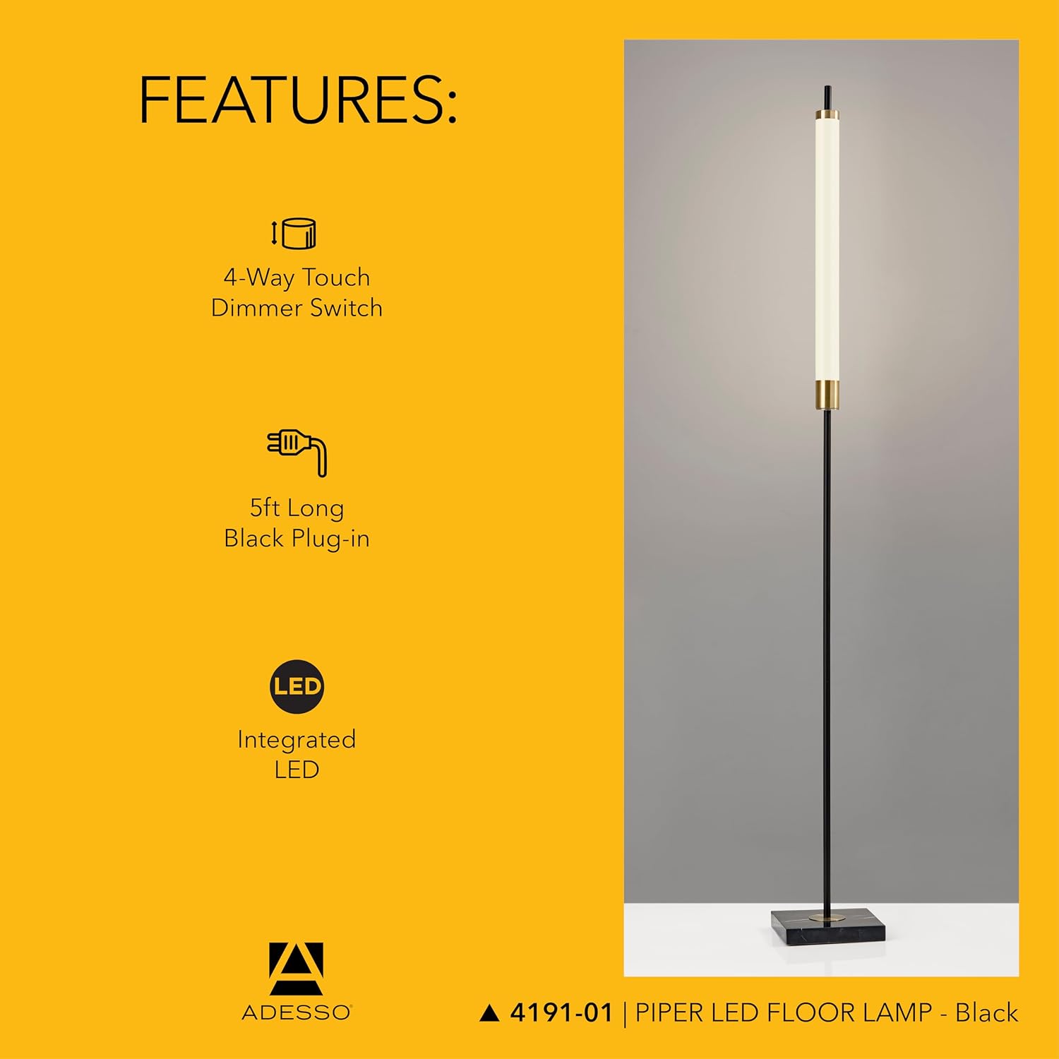 Adesso LED Floor Lamp – Black with Antique Brass and Frosted Shade, 4-Way Brightness, 12W Integrated LED Accent Light for Living Room, Bedroom, and Home Office, 72' Tall