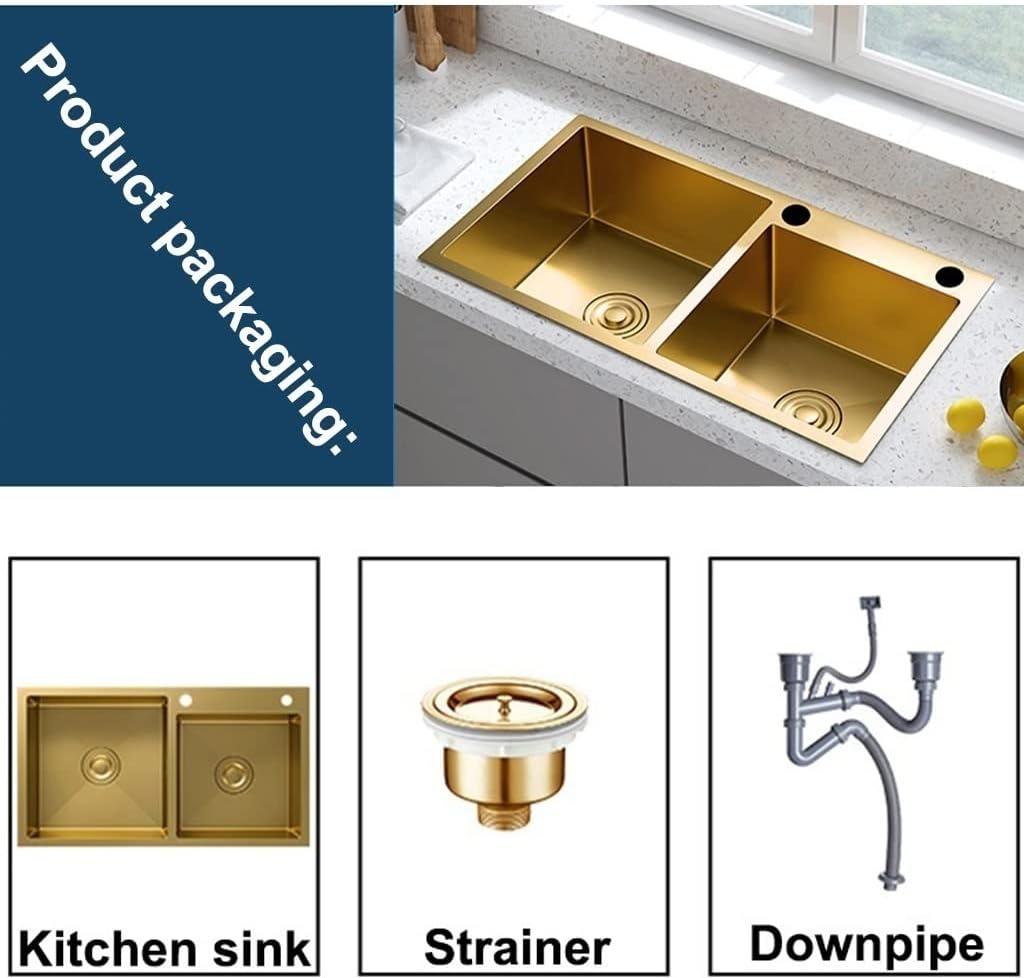 Large Gold Double Bowl Bar Prep Sink Home 304 Stainless Steel Kitchen Sink RV Sink Drop-in Or Undermount (Color : Gold-1, Size : 80x45x22cm) (Gold1 75x40x22cm)