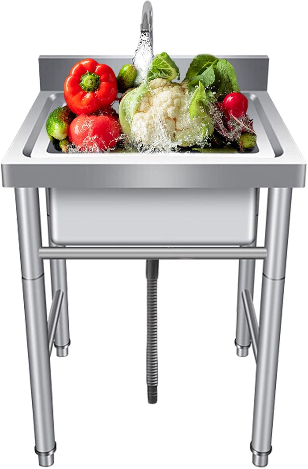 Single Bowl Sink Stainless Steel Commercial Utility Basin with Faucet, Free Standing 1 Compartment Sink for Bar, Restaurant, Kitchen, Hotel and Home