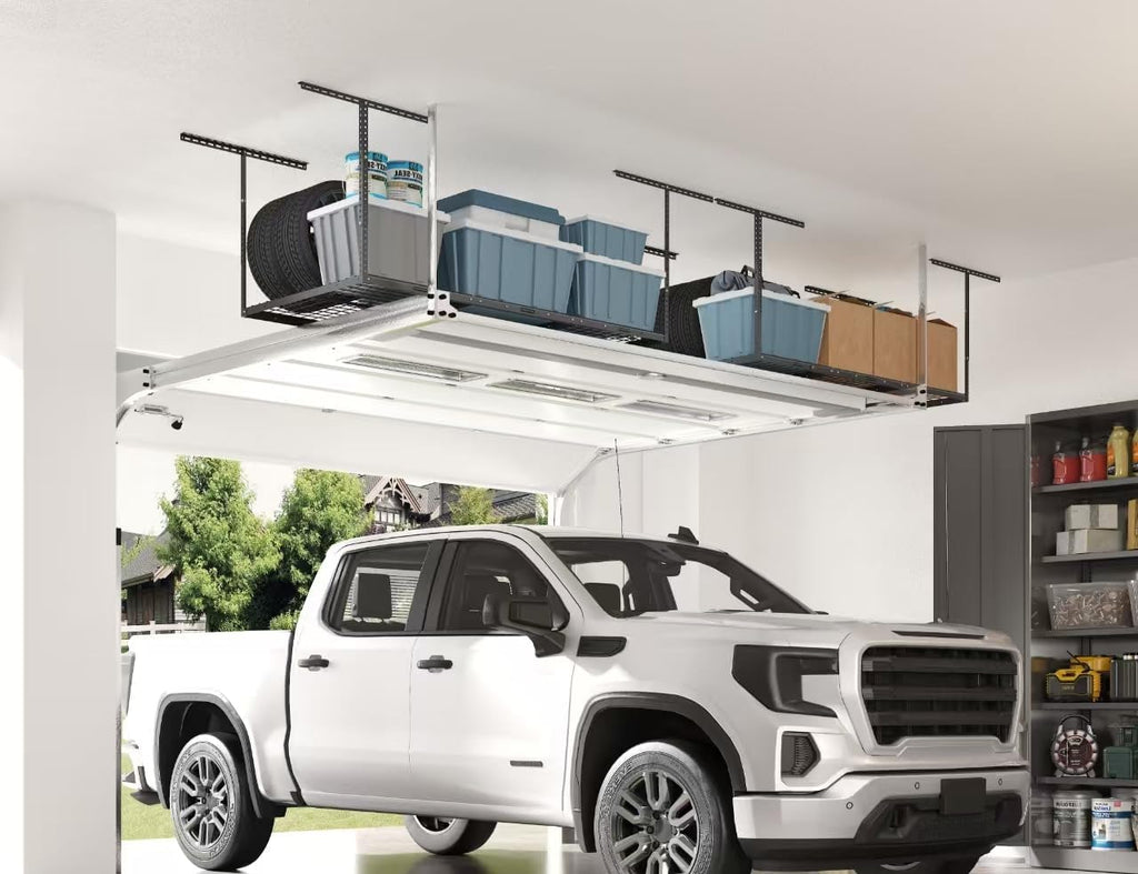 FLEXIMOUNTS 3x6 Overhead Garage Storage Rack, plus 2-Pack 2x4ft Corner Wall Mounted Floating Shelves, 450lbs+440lbs Capacity, Heavy-Duty Garage Organizer, Black