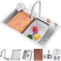 Single Bowl Waterfall Sink Stainless Steel Multi-functional Kitchen Sink White Nano-Coated Workstation Sink with Pull-Out Faucet,Drain Basket,Cup Washer (Color : White, Size : 68x45x22cm) (White 6