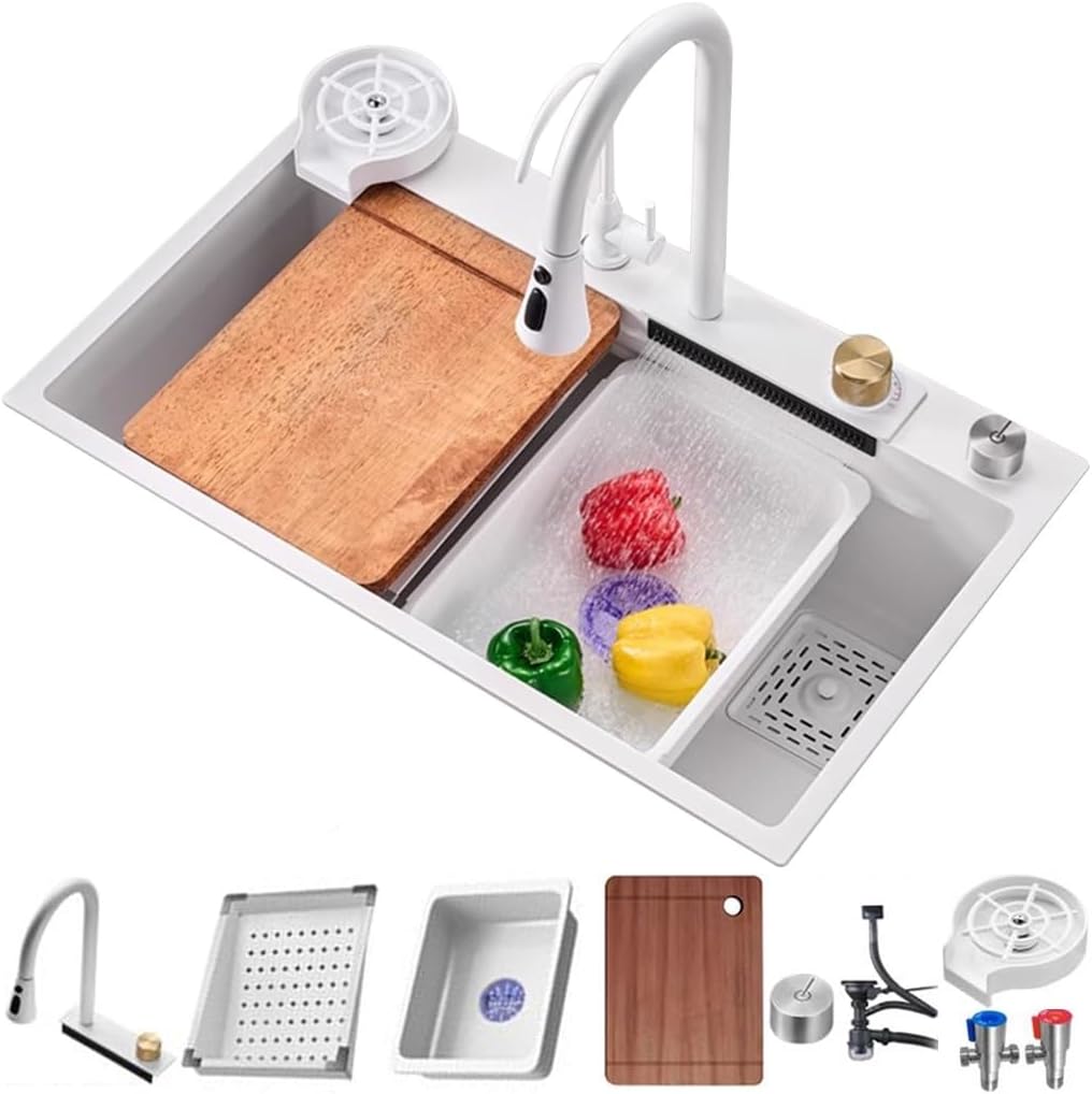 Single Bowl Waterfall Sink Stainless Steel Multi-functional Kitchen Sink White Nano-Coated Workstation Sink with Pull-Out Faucet,Drain Basket,Cup Washer (Color : White, Size : 68x45x22cm) (White 6