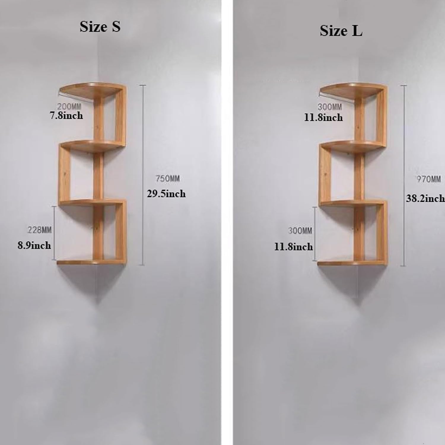 Wall Shelf Floating Corner Shelves for Wall Decor Storage, Solid Wood Wall Storage Shelves Rack 3 Tiers, Wall Mounted Wood Shelves for Home Decor, Bedroom, Living Room, B(Nature-Small)