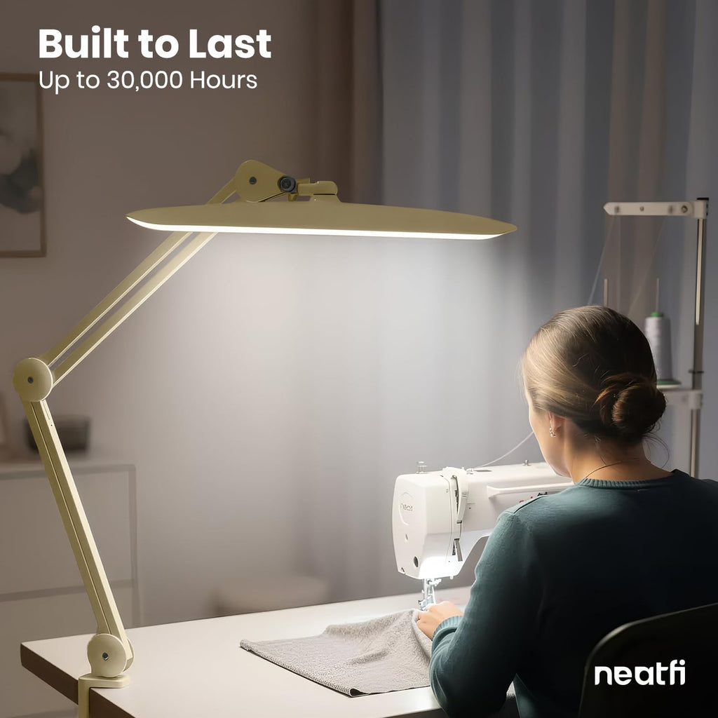 Neatfi XL 2200 Lumens 24W LED Desk Lamp – Shadow-Free Task Lighting | 4-Level Dimming | Home Office & Crafts Use | 20-Inch Wide Head (Gold, Non-CCT with Clamp)