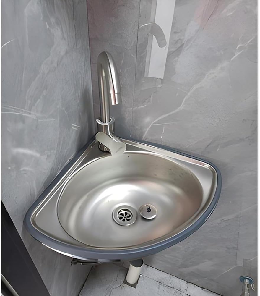 Stainless Steel Single Bowl Sink, Wall Mount Bathroom Corner Sink, Triangle Wash Basin, Small Sink with Faucet Combo, for Laundry Room Bar Kitchen (Color : Silver-C, Size : 34x34x15cm) (Silver b 3