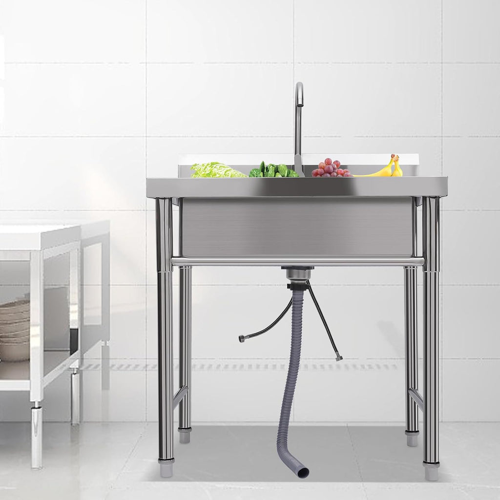 Commercial Stainless Steel Sink, Cold & Hot Water Double Basin Triple Utility Wash Sink, 360° Rotation and Double Layer Filter, Used for Garages, Laundry Room, Kitchen, Restaurant, Farm, Backyard