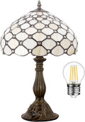 WERFACTORY Tiffany Lamp Cream Amber Stained Glass Bead Table Lamp Desk Bedside Reading Light 12X12X18 Inches Deco Bedroom Living Room Home Office S005 Series